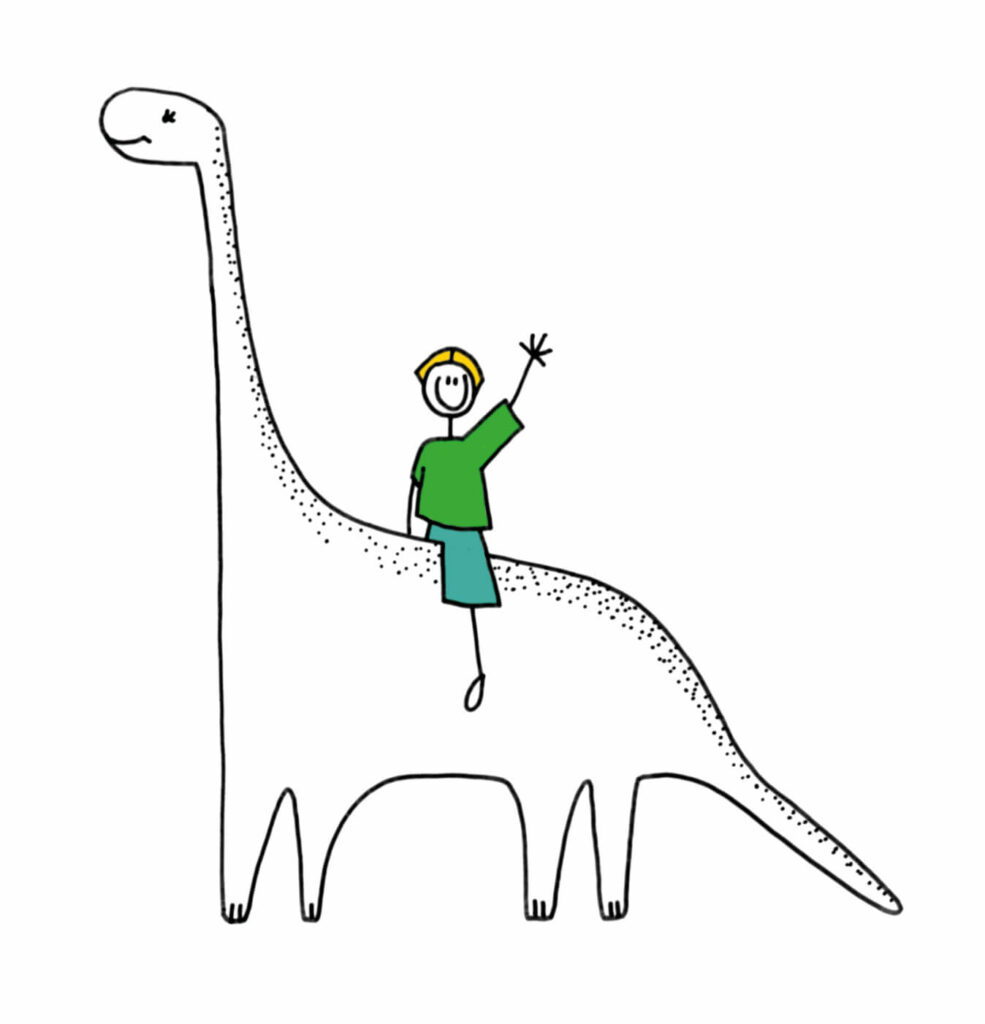 Junge auf einem Dinosaurier - Illustration aus dem Familienratgeber "Würzburg für Kids & Co"