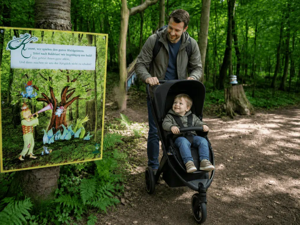 Papa mit Kinderwagen und Kind am WaldWichtelWeg in Marktheidenfeld.