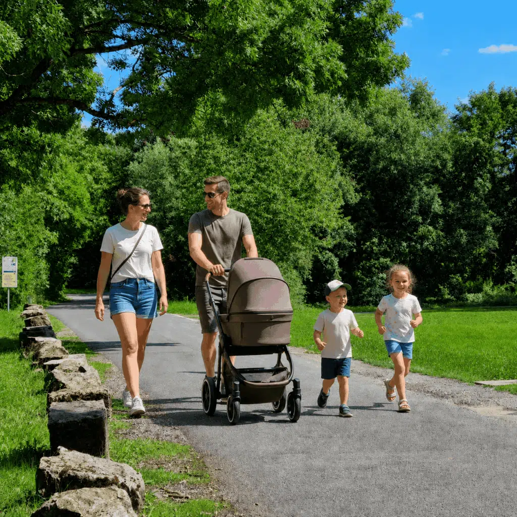Familie mit Kinderwagen spaziert auf einem grünen Parkweg in Würzburg.