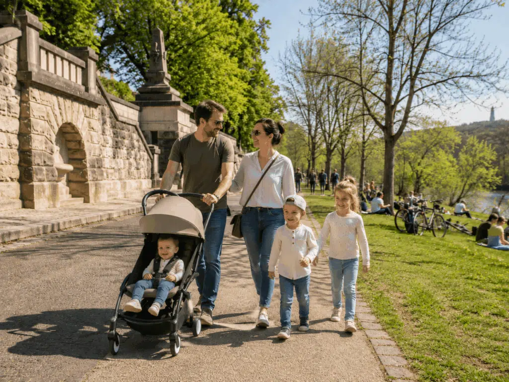 Familie mit Kinderwagen spaziert an der Würzburger Promenade zwischen Steinmauer und Mainufer.