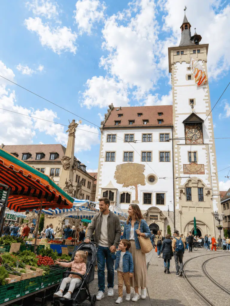 Familie mit Kinderwagen auf dem Würzburger Marktplatz vor dem Grafeneckart beim Einkaufen an den Marktständen.