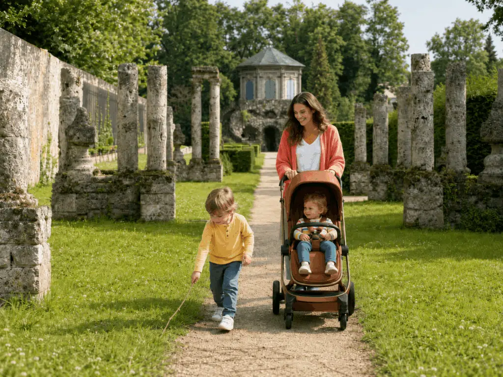 Mama mit Kinderwagen und zwei Kindern im Hofgarten Veitshöchheim zwischen historischen Steinsäulen.