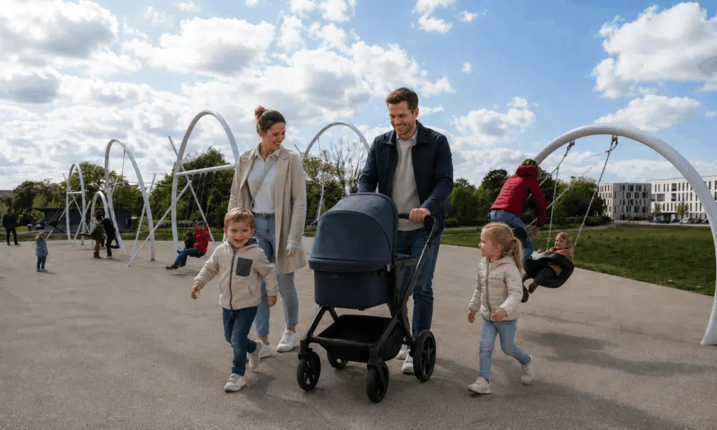 Familie mit Kinderwagen auf einem Spielplatz in Würzburg mit großen Schaukeln im Hintergrund.