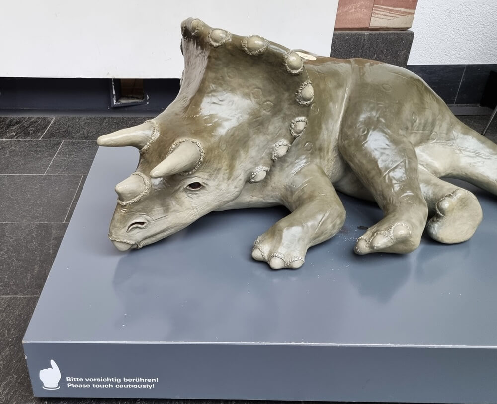 Berührbares Dinosaurier-Modell mit Hinweisschild „Bitte vorsichtig berühren" im Senckenberg Naturmuseum Frankfurt